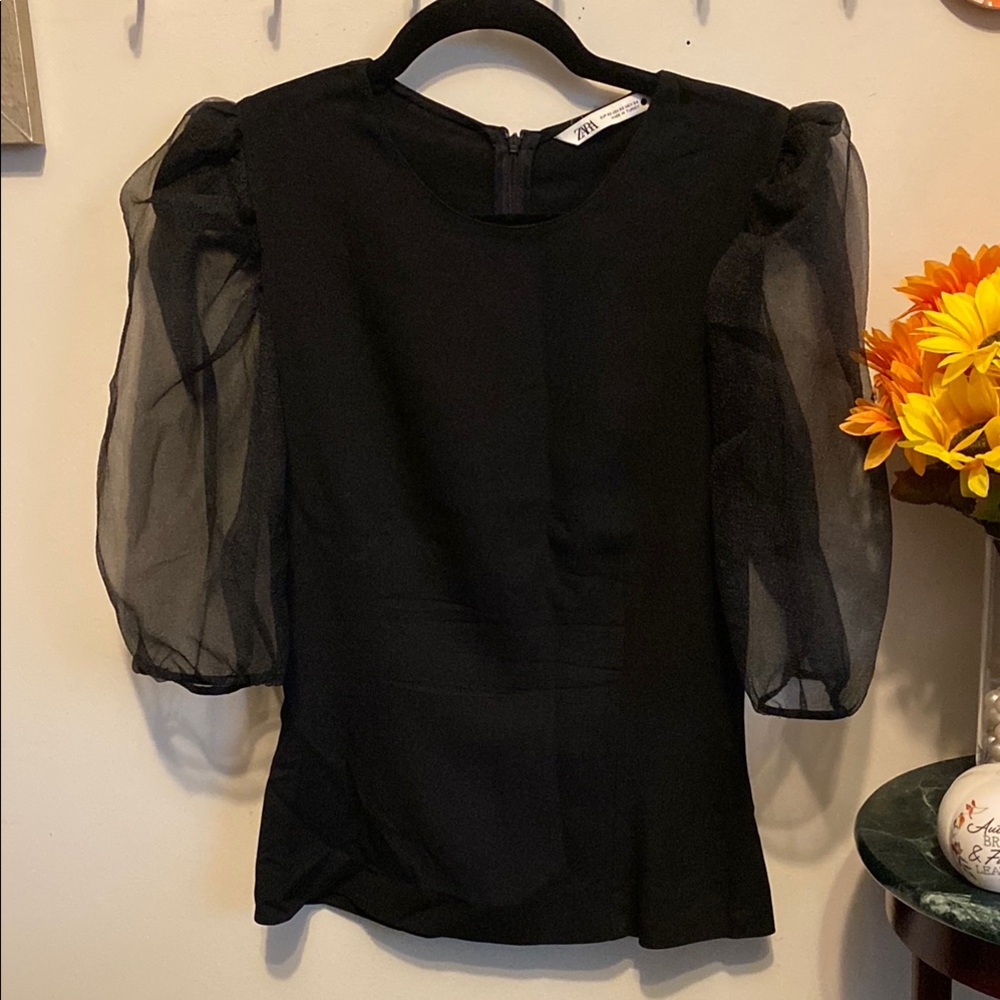 Zara Black Blouse with Sheer Sleeves Sz XS